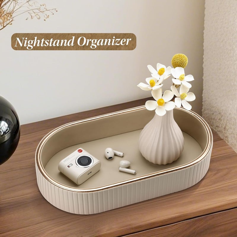 GORESE PU Leather Perfume Tray Nightstand Organizer, Small Oval Desk Tray Jewelry Trinket Trays Valet Organizer Key Bowl for Entryway Dresser Bathroom, Catchall Trays for Men Women, 11×5.9 in, Beige - Image 3